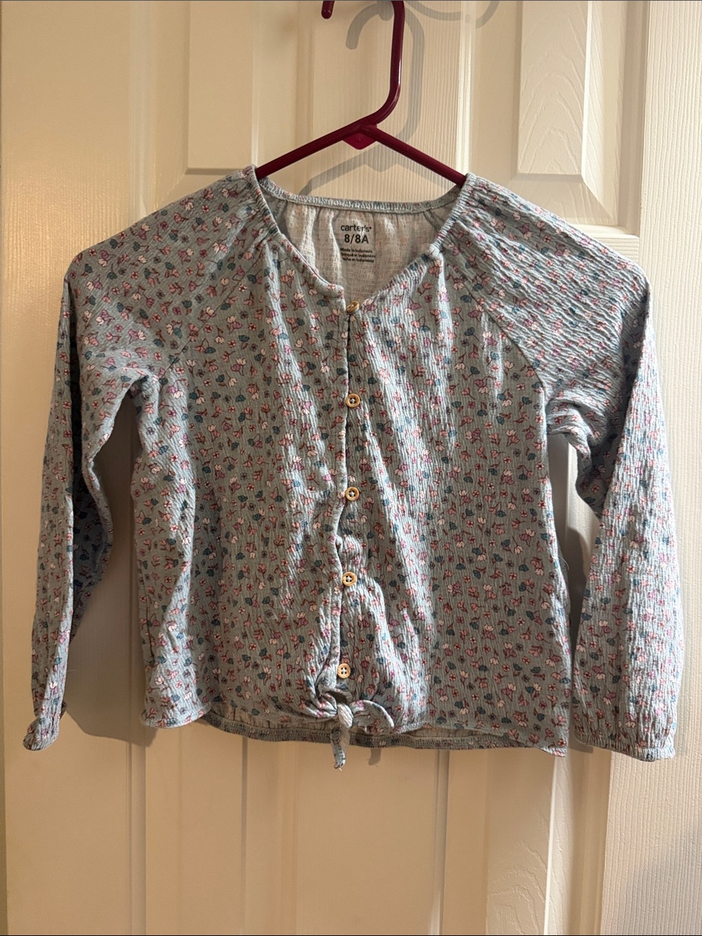 Carter's Light Blue Floral Button-Front Tie-Hem Top